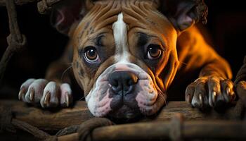 een schattig bulldog puppy zitten, op zoek verdrietig, binnenshuis, Bij camera gegenereerd door ai foto