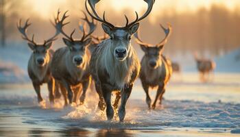 een sereen winter landschap met een majestueus hert begrazing vredig gegenereerd door ai foto