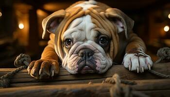 schattig bulldog puppy slapen, op zoek verdrietig, binnenshuis Aan houten tafel gegenereerd door ai foto