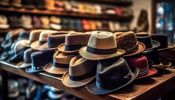 mode kleinhandel op te slaan wordt weergegeven elegant kleding verzameling met cowboy hoofddeksels gegenereerd door ai foto