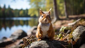 schattig zoogdier zittend Aan een boom, op zoek Bij camera gegenereerd door ai foto