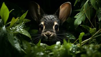 schattig konijn zittend Aan gras, pluizig vacht, op zoek Bij camera gegenereerd door ai foto