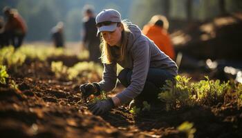 mannen en Dames werken samen, aanplant en groeit groenten in natuur gegenereerd door ai foto