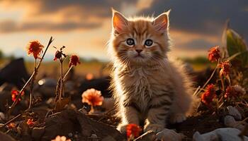 schattig katje spelen in de gras, genieten van de zomer zonlicht gegenereerd door ai foto