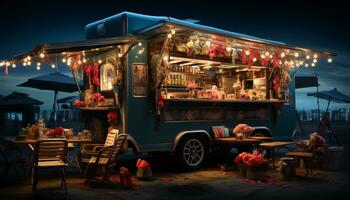 's nachts straat voedsel verkoper verkoop traditioneel snacks verlichten de zomer schemer gegenereerd door ai foto