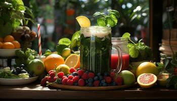 versheid van zomer citrus fruit, munt blad, biologisch, gezond aan het eten gegenereerd door ai foto