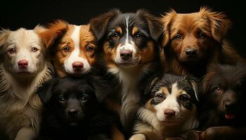 schattig puppy zitten, op zoek Bij camera, in een rij, binnenshuis gegenereerd door ai foto