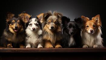 een schattig puppy zitten, op zoek Bij camera, in een rij gegenereerd door ai foto