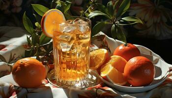 verfrissend citrus cocktail Aan een houten tafel, perfect voor zomer gegenereerd door ai foto