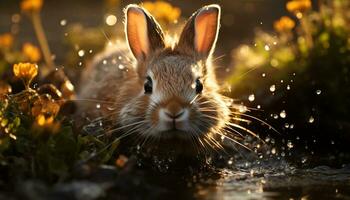 schattig klein konijn zittend in gras, pluizig vacht, selectief focus gegenereerd door ai foto