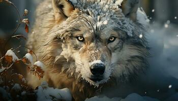 schattig hoektand in besneeuwd Woud, wolf focus Aan winter schoonheid gegenereerd door ai foto