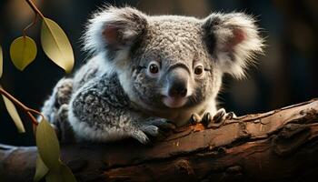 schattig koala zittend Aan een tak, op zoek Bij de camera gegenereerd door ai foto