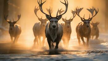 silhouet van gehoornd hert begrazing in winter Woud Bij zonsopkomst gegenereerd door ai foto