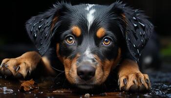 schattig pup, nat vacht, zitten, op zoek Bij camera, speels binnenshuis gegenereerd door ai foto