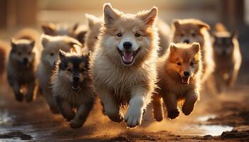 een schattig puppy spelen met een groep van pluizig dieren gegenereerd door ai foto