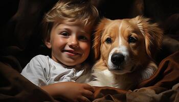 een schattig puppy en een glimlachen kind, een vriendschap van liefde gegenereerd door ai foto