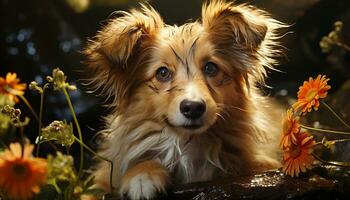 een schattig puppy zittend in de gras, op zoek Bij de camera gegenereerd door ai foto