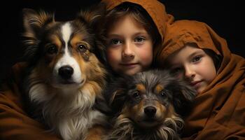 schattig hond, rasecht en klein, zittend met een glimlachen kind gegenereerd door ai foto