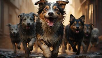 schattig puppy zittend buitenshuis, op zoek Bij camera, speels en glimlachen gegenereerd door ai foto