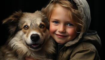 een schattig kind lachend, op zoek Bij camera met een hond gegenereerd door ai foto