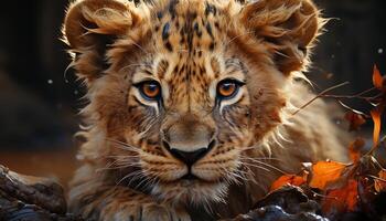 majestueus groot kat schuilplaats in de wildernis, op zoek Bij camera gegenereerd door ai foto