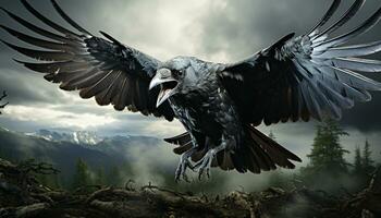 majestueus vogel stijgt door donker lucht, symboliseert vrijheid en sterkte gegenereerd door ai foto