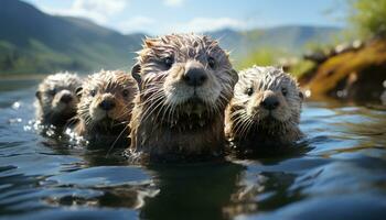 schattig zegel pup zwemmen in de blauw water, op zoek Bij camera gegenereerd door ai foto