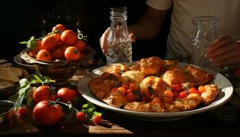 versheid Aan de tafel gezond aan het eten met gegrild kip en groenten gegenereerd door ai foto