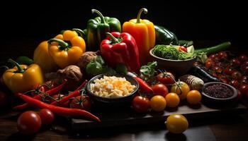 versheid en verscheidenheid Aan een houten tafel gezond, biologisch, vegetarisch maaltijd gegenereerd door ai foto