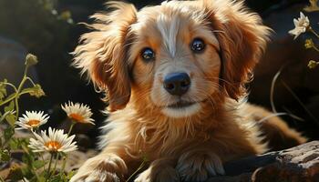 schattig puppy zittend in gras, op zoek Bij camera met loyaliteit gegenereerd door ai foto