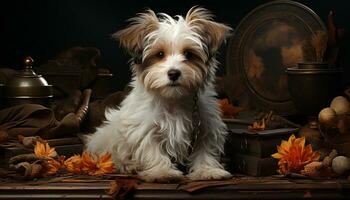 schattig puppy zittend binnenshuis, op zoek Bij camera, omringd door herfst gegenereerd door ai foto