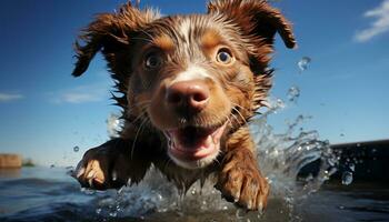 nat hond spelen in water, schattig puppy hebben pret zwemmen gegenereerd door ai foto