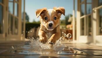 een schattig puppy spelen in de water, genieten van de zomer gegenereerd door ai foto