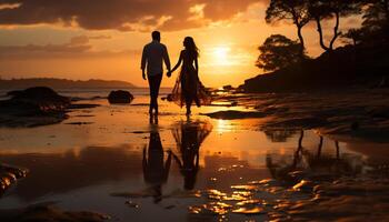 een zonsondergang silhouet, twee mensen omarmen, liefde in natuur schoonheid gegenereerd door ai foto