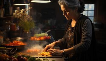 een vrouw Koken gezond voedsel in een vers, biologisch keuken gegenereerd door ai foto