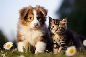 shetland herdershond puppy en gestreept katje zittend Aan de gras generatief ai foto