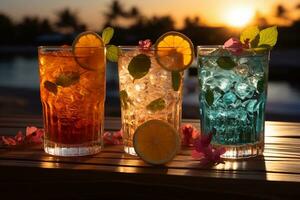 cocktails Aan strand Bij zonsondergang. cocktails in een glas generatief ai foto