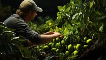 een Mens werken Aan een boerderij, plukken vers biologisch fruit gegenereerd door ai foto