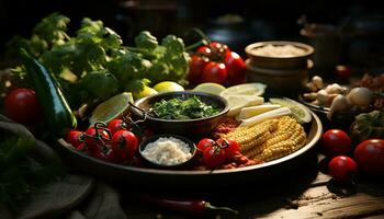 versheid Aan een houten tafel gezond maaltijd, biologisch vegetarisch fijnproever gegenereerd door ai foto