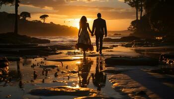 zonsondergang romance twee mensen in liefde, wandelen Aan zand Holding handen gegenereerd door ai foto