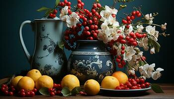 versheid van natuur premie citrus fruit, rijp bessen, en levendig bloemen gegenereerd door ai foto