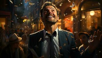 een zelfverzekerd zakenman geniet de nachtleven, glimlachen in de stad gegenereerd door ai foto