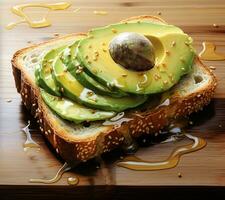 gesneden avocado Aan gekruid geroosterd brood brood. avocado geroosterd brood Aan een houten bord, kopiëren ruimte. generatief ai inhoud foto