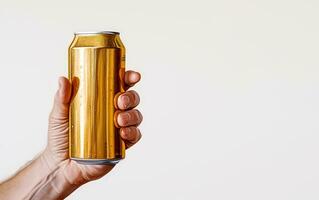 een hand- houdt een geel gekleurde metaal kan voor drankjes geïsoleerd Aan een wit achtergrond. generatief ai inhoud foto