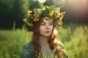 een jong vrouw in een bloem krans Aan een zonovergoten weide. fotorealistisch afbeelding. ai gegenereerd. foto
