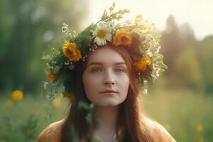 een jong vrouw in een bloem krans Aan een zonovergoten weide. fotorealistisch afbeelding. ai gegenereerd. foto