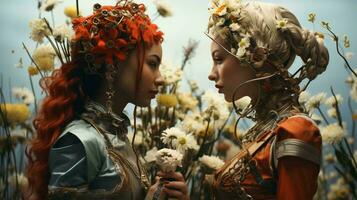 twee mooi Dames staan tegenover elk andere en kijken in liefde Aan een abstract achtergrond van bloemen foto
