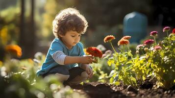 ai generatief weinig jongen tuinieren met landschap vol van bloemen Aan warm zonnig dag. familie werkzaamheid. tuinieren en landbouw concept foto