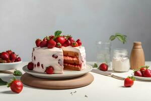 heerlijk aardbei biscuit taart torte toetje met vers bessen en boter room Aan beton achtergrond. ai gegenereerd. foto