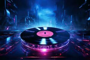 vinyl Vermelding in neon licht. vinyl speler in retro stijl. detailopname. muziek- concept foto